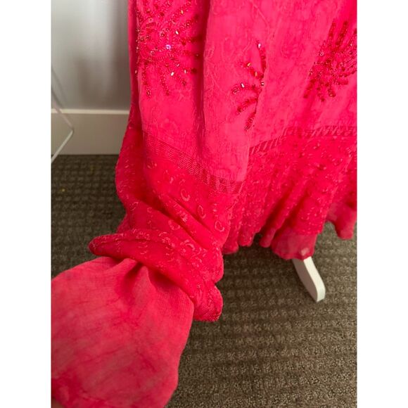 L POGEE Gypsy Skirt Free Size Hot PInk Bohemian Style Beaded Embroidered - Picture 5 of 8